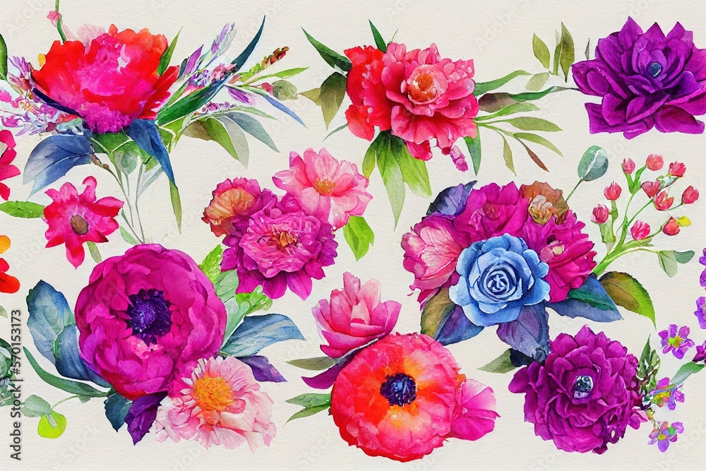 Flower bouquet set watercolor pieces of artwork design. Spring and summer flower nature in style of 