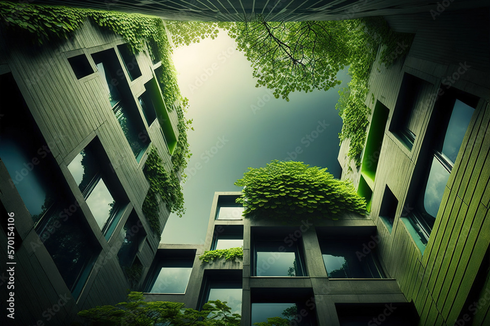 Eco-friendly green building with vertical garden design for sustainability . Sublime Generative AI i