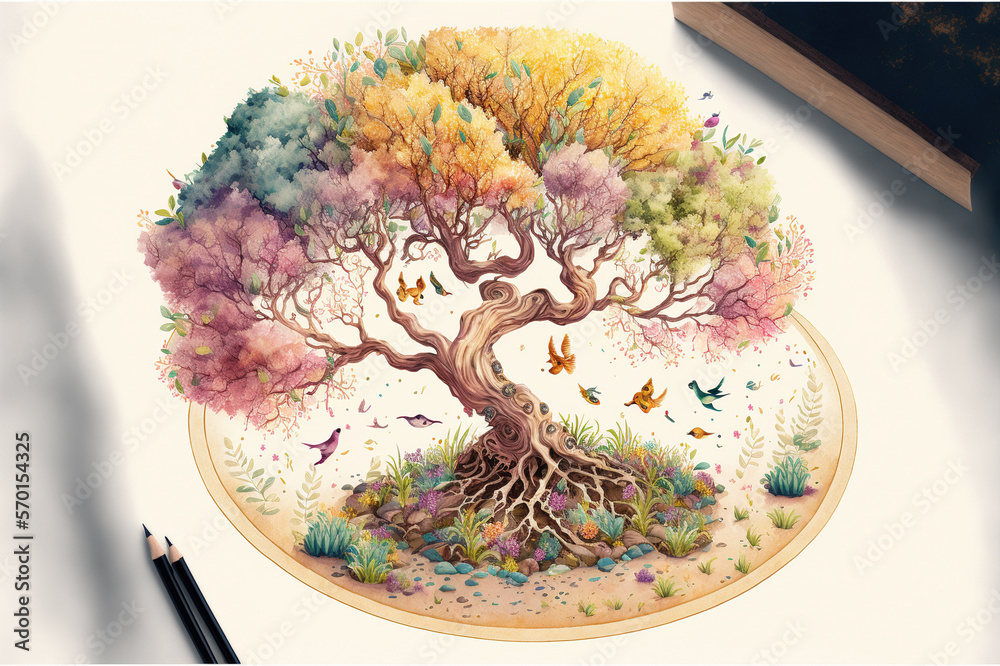 The tree of life in colorful spring watercolor painting style . Sublime Generative AI image .