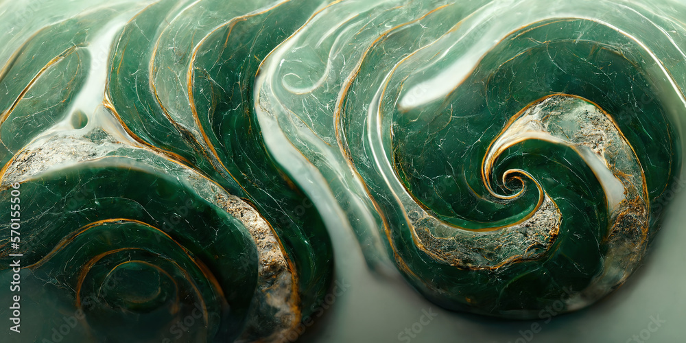 Sedate marco detailed luxurious jade green and golden ripple alcohol ink pattern in agate. Swirled o