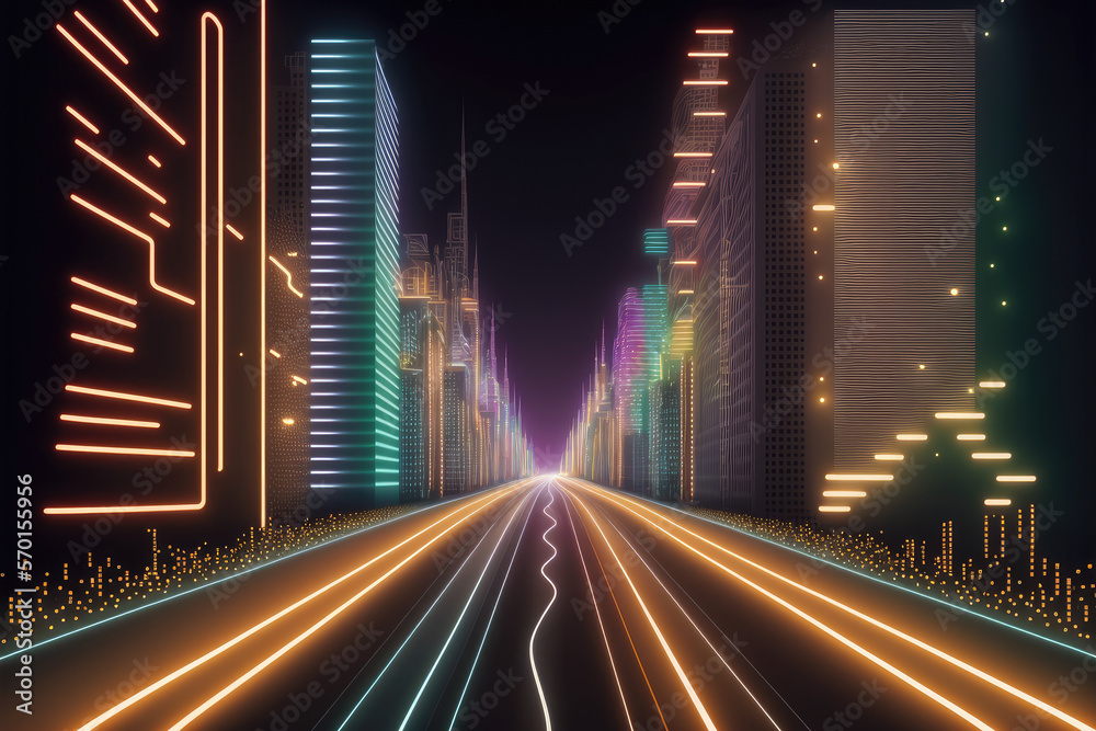 Abstract highway path through digital smart city graphic design. Peculiar AI generative image.