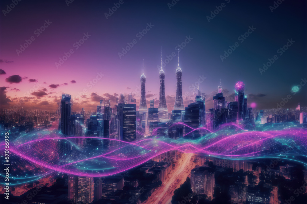 Smart city with communication network graphic connecting the city with wireless internet technology.