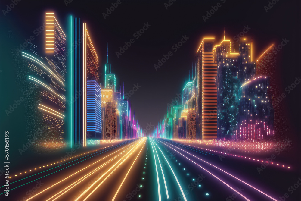 Abstract highway path through digital smart city graphic design. Peculiar AI generative image.