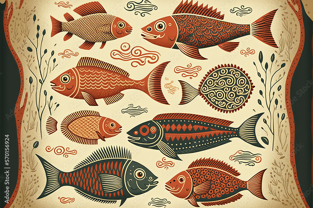 Folk art design of fish pattern wallpaper, red color theme . Sublime Generative AI image .