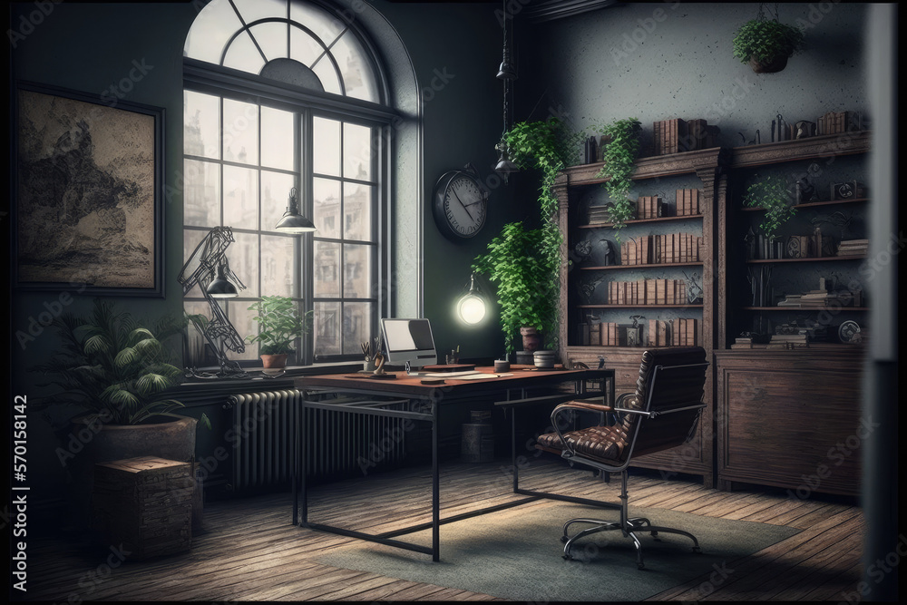 Antique home interior with working space and study desk in elegant room. Peculiar AI generative imag