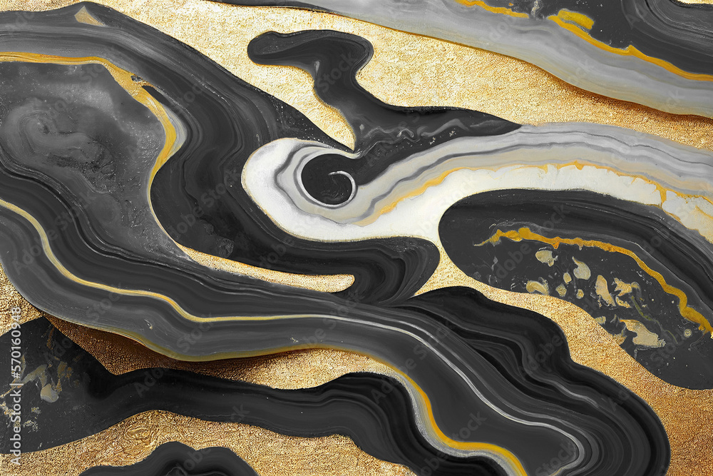 Abstract art background with a fluid marble black and gold texture. Splendid generative AI luxury ab