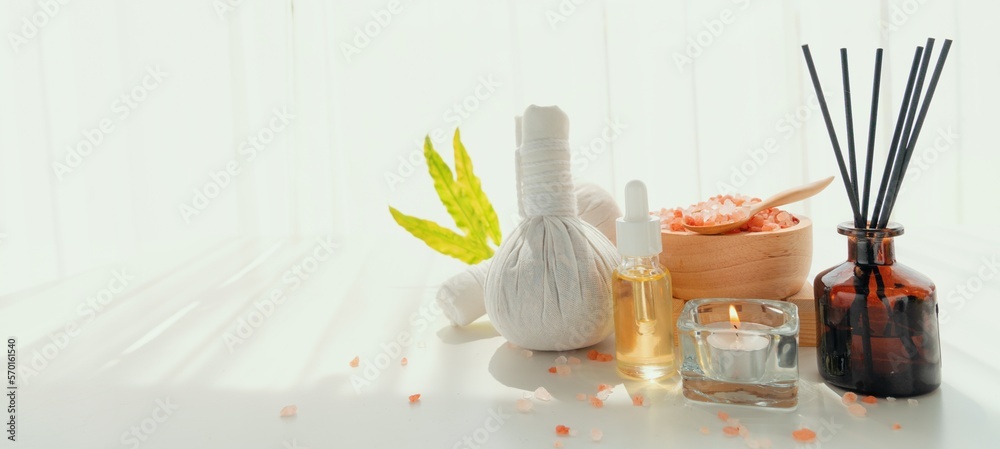 Spa accessory composition set in day spa hotel , beauty wellness center . Spa product are placed in 