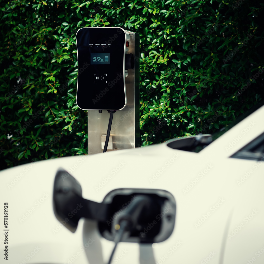 Side view of progressive electric vehicle parking next to public charging station with greenery, nat