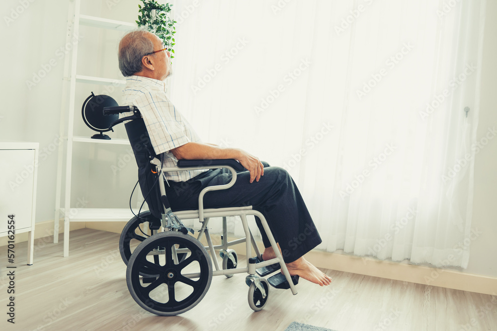 Portrait of a contented elderly man in sitting on a wheelchair at home. Senior person in nursing hou