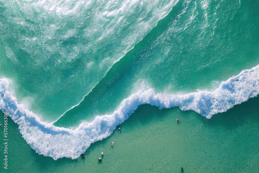 Spectacular top view from drone photo of beautiful beach with relaxing sunlight, sea water waves pou