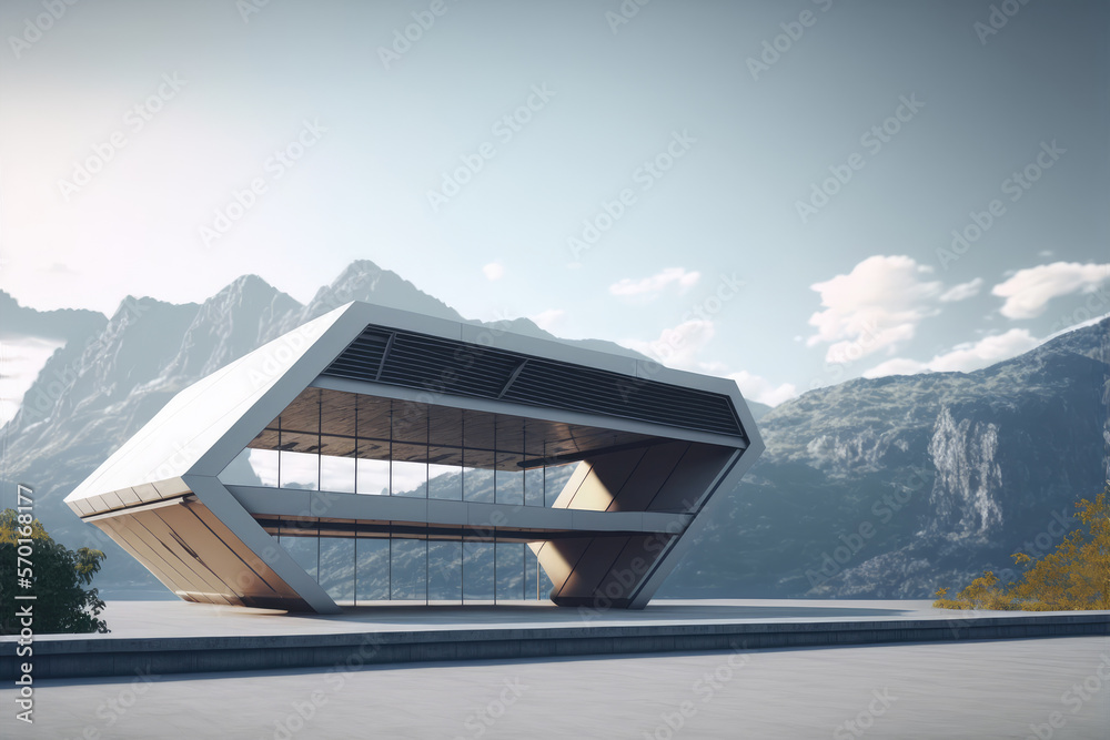 Futuristic architecture of modern hall entrance facade on high mountain top scenery with empty outdo