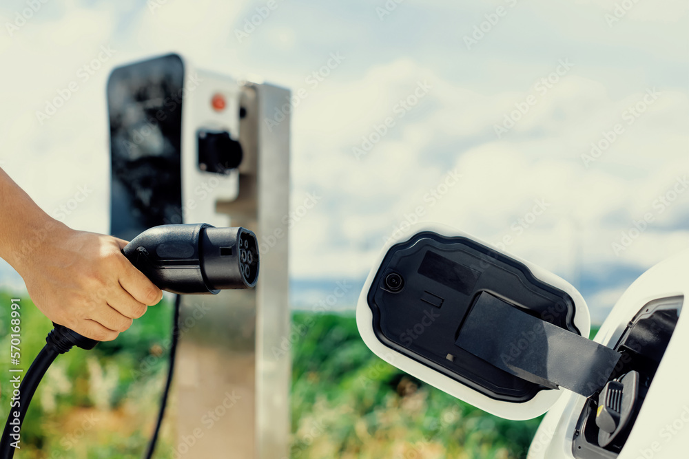 Progressive natural scenic where hand insert charging plug to electric vehicle from charging station