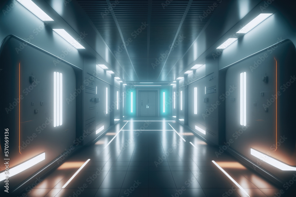 Empty sci-fi futuristic room of spaceship with blue light decoration . Super modern interior design.