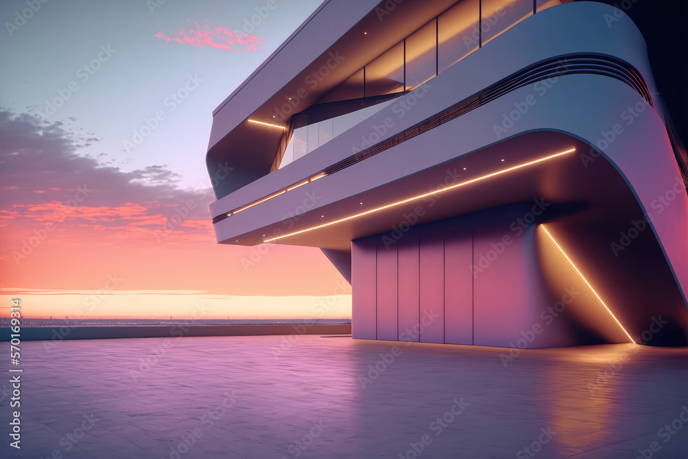 Sunset view of empty balcony floor on corridor of modern building exterior. Peculiar AI generative i