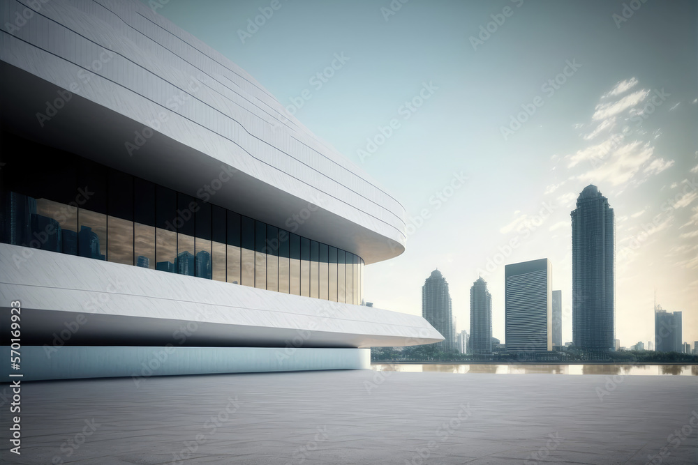 Modern architecture building design with empty concrete floor and urban city skyline in background s