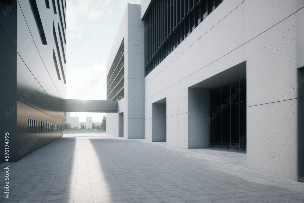 Modern architecture exterior of public hall entrance in urban building outdoor under bright sky with