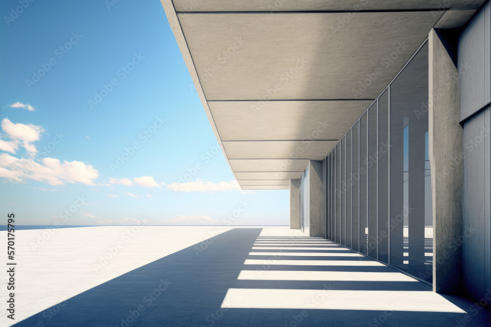 Modern architecture exterior of public hall entrance in urban building outdoor under bright sky with