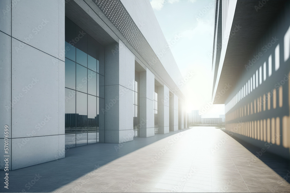 Modern architecture exterior of public hall entrance in urban building outdoor under bright sky with