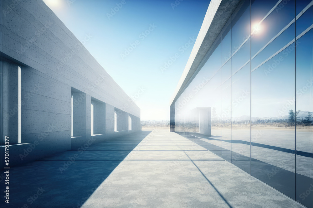 Modern architecture exterior of public hall entrance in urban building outdoor under bright sky with