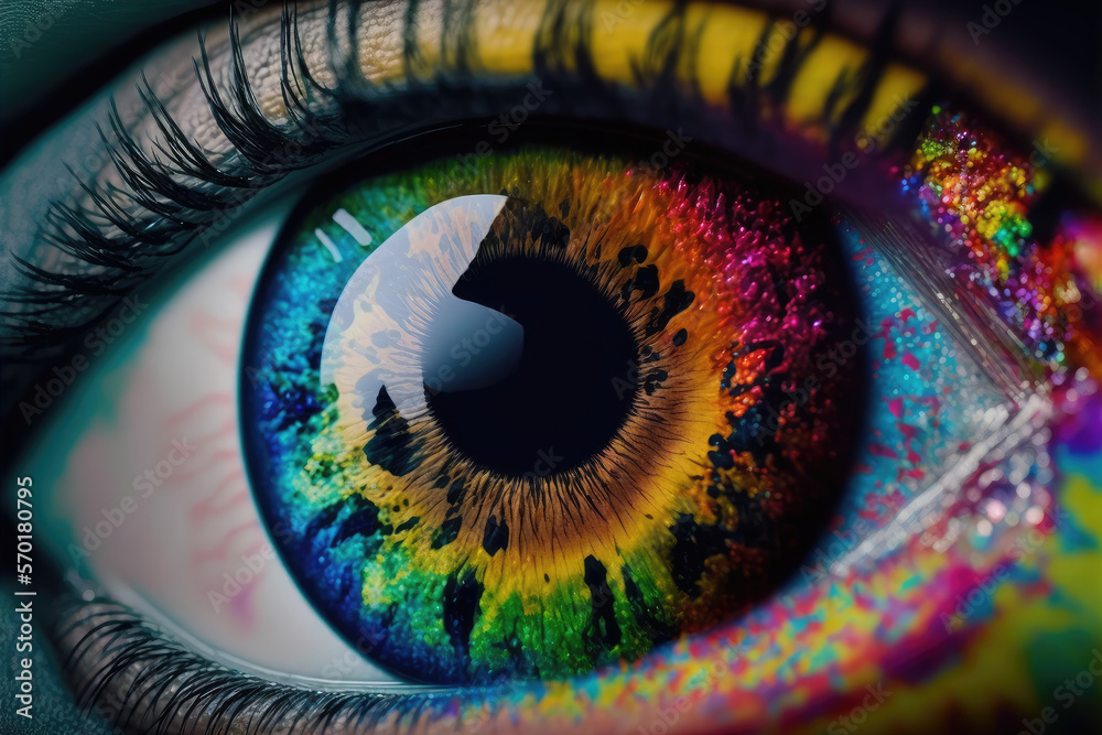 Close up view of female eye with multicolored eyeball and colorful makeup powder. Peculiar AI genera