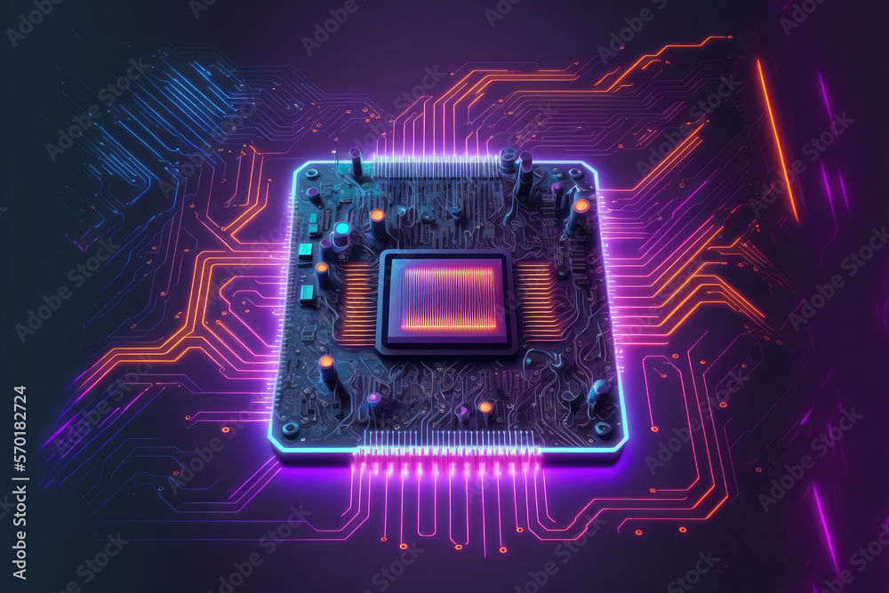 Computer microchip semiconductor on motherboard futuristic cyber neon lighting. Peculiar AI generati