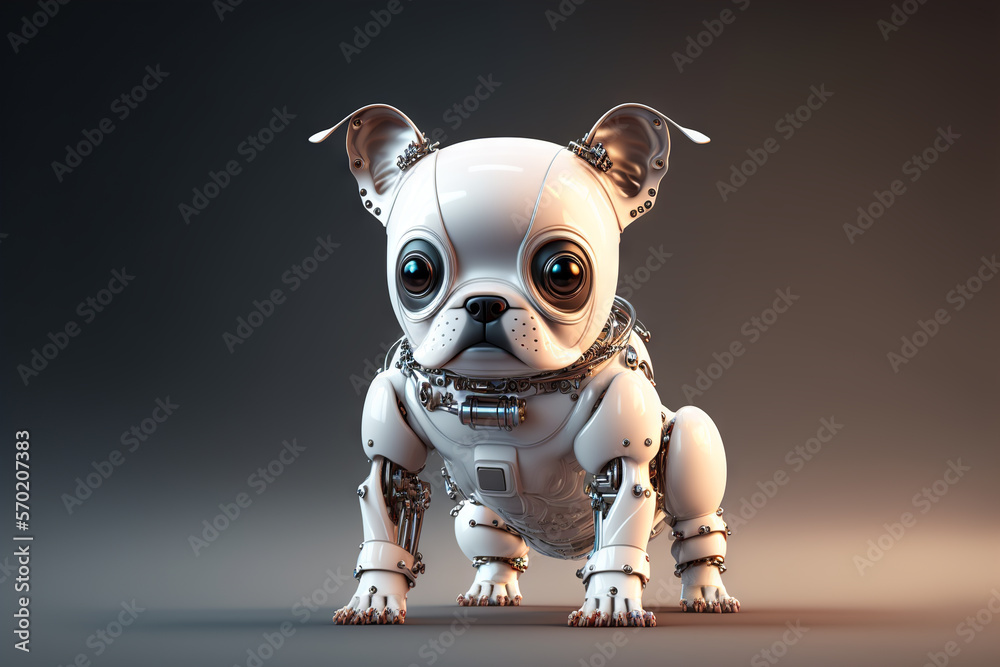 Cute robotic puppy on empty background. White happy little dog robot. Futuristic pet assistant power