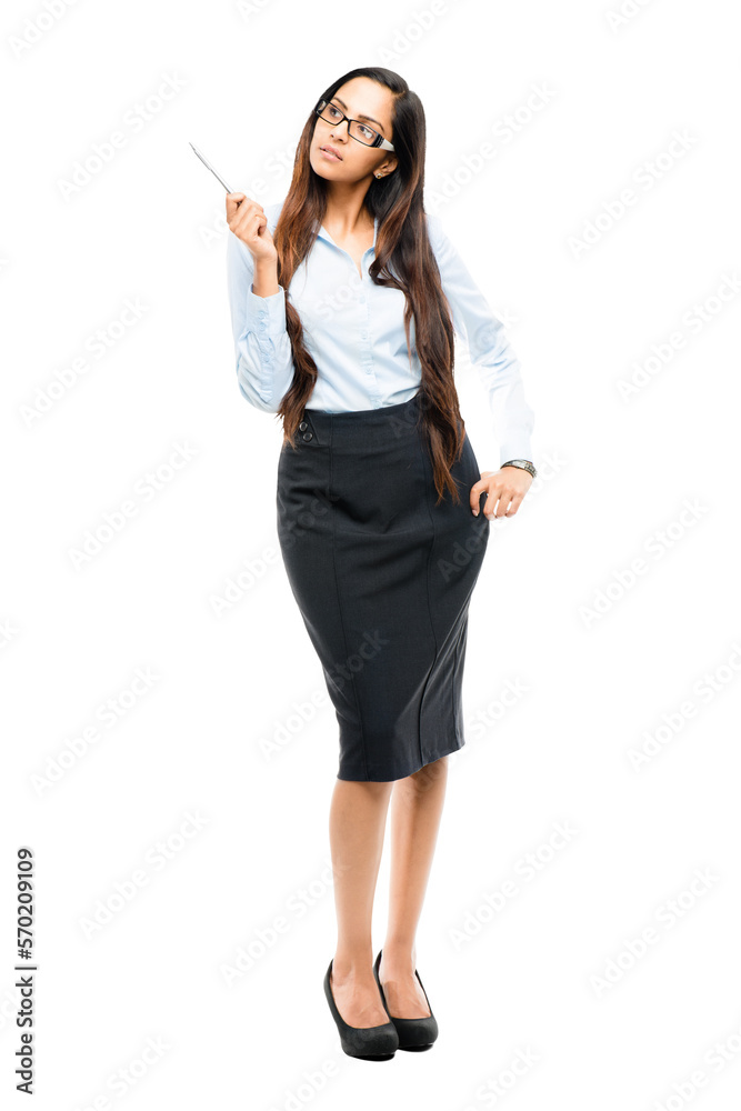 An attractive young indian girl in business formals or a coach or a persoanl assistant pointing at a