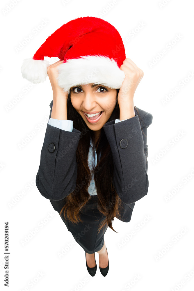 An attractive excited young indian businesswoman in a christmas hat ready for a christmans party or 