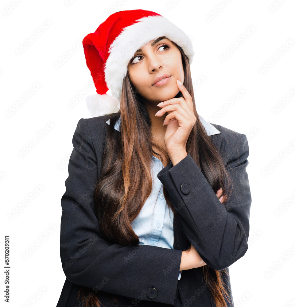 A beautiful thoughtful young Indian woman entrepreneur thinking in a Christmas hat isolated on a png