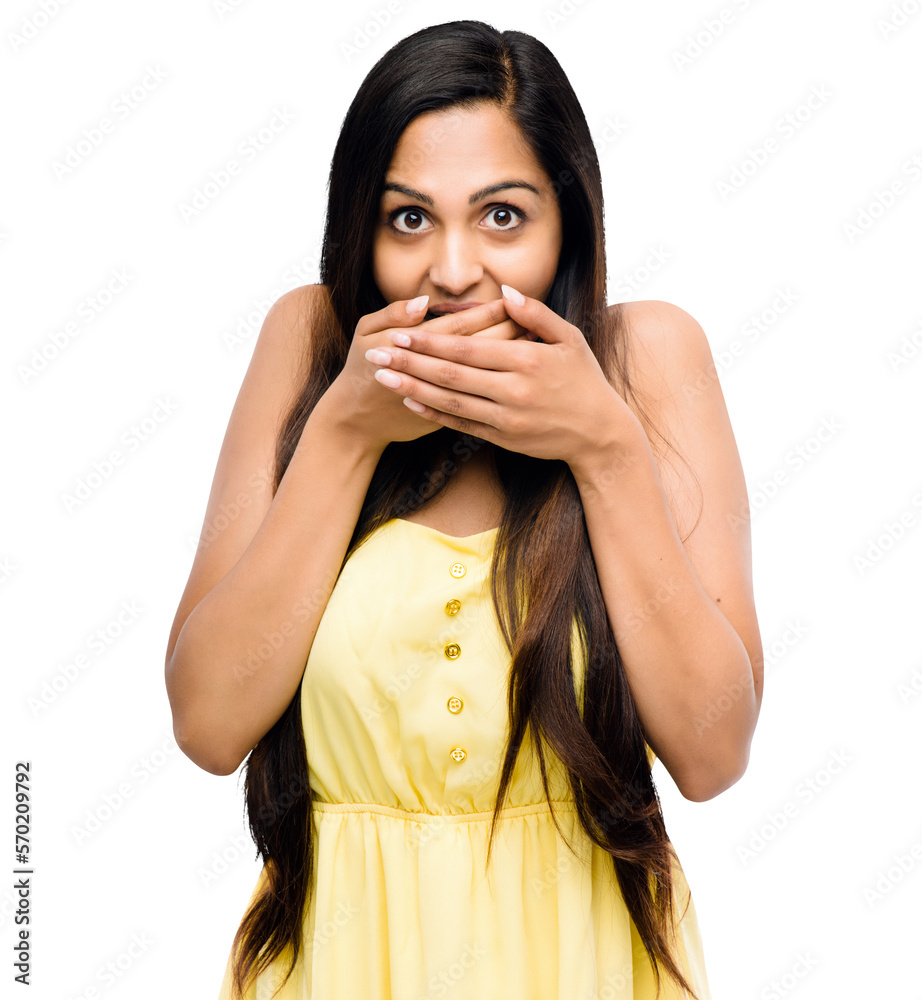 A beautiful young girl looking shocked or loved the surprise, covering her mouth with her hands isol