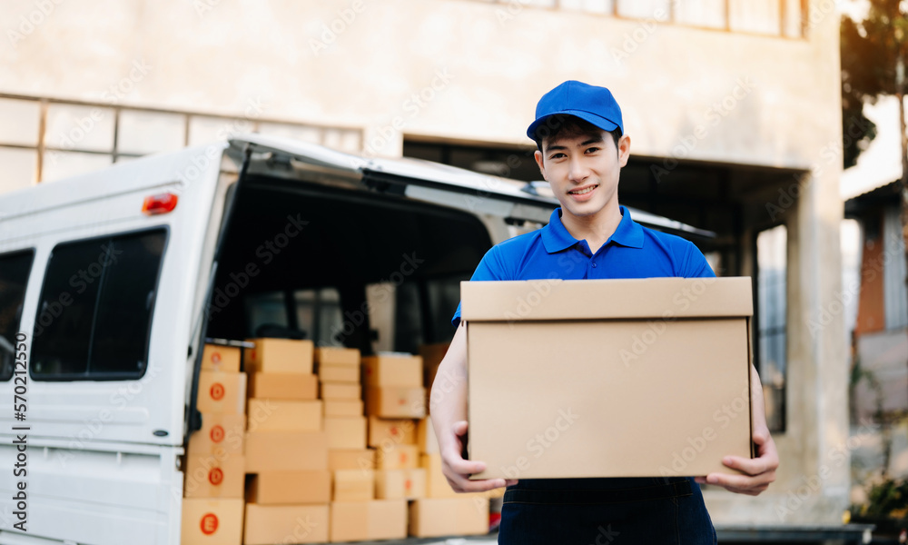 Portrait of courier delivery man searching the address on digital tablet. Delivery service, delivery