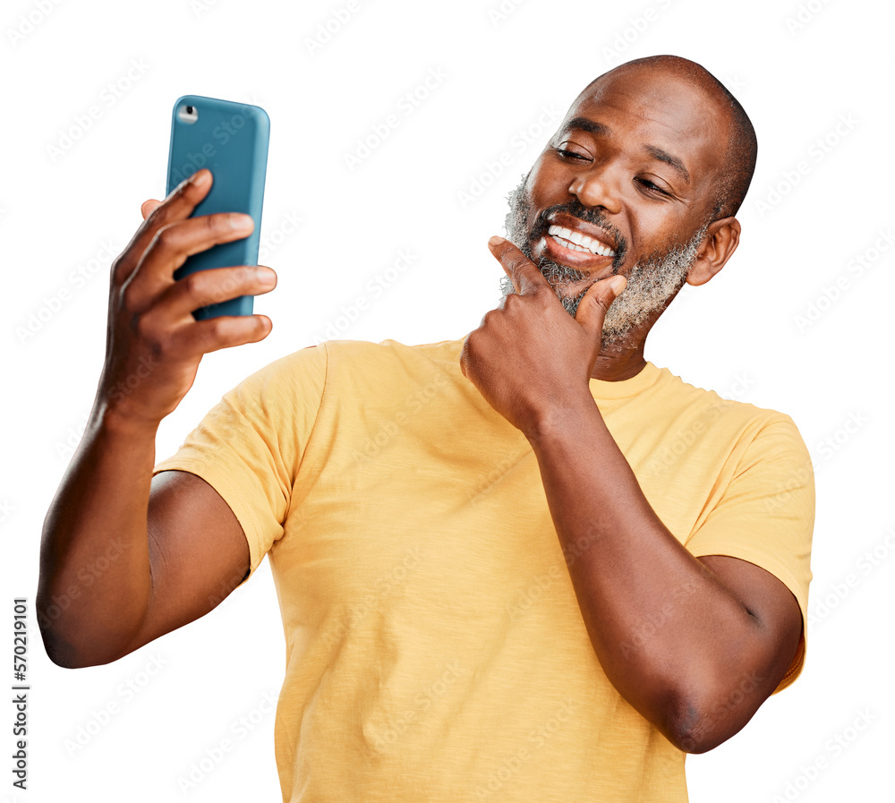 A contemplative trendy mature african american man taking a selfie on a smart phone isolated on a pn