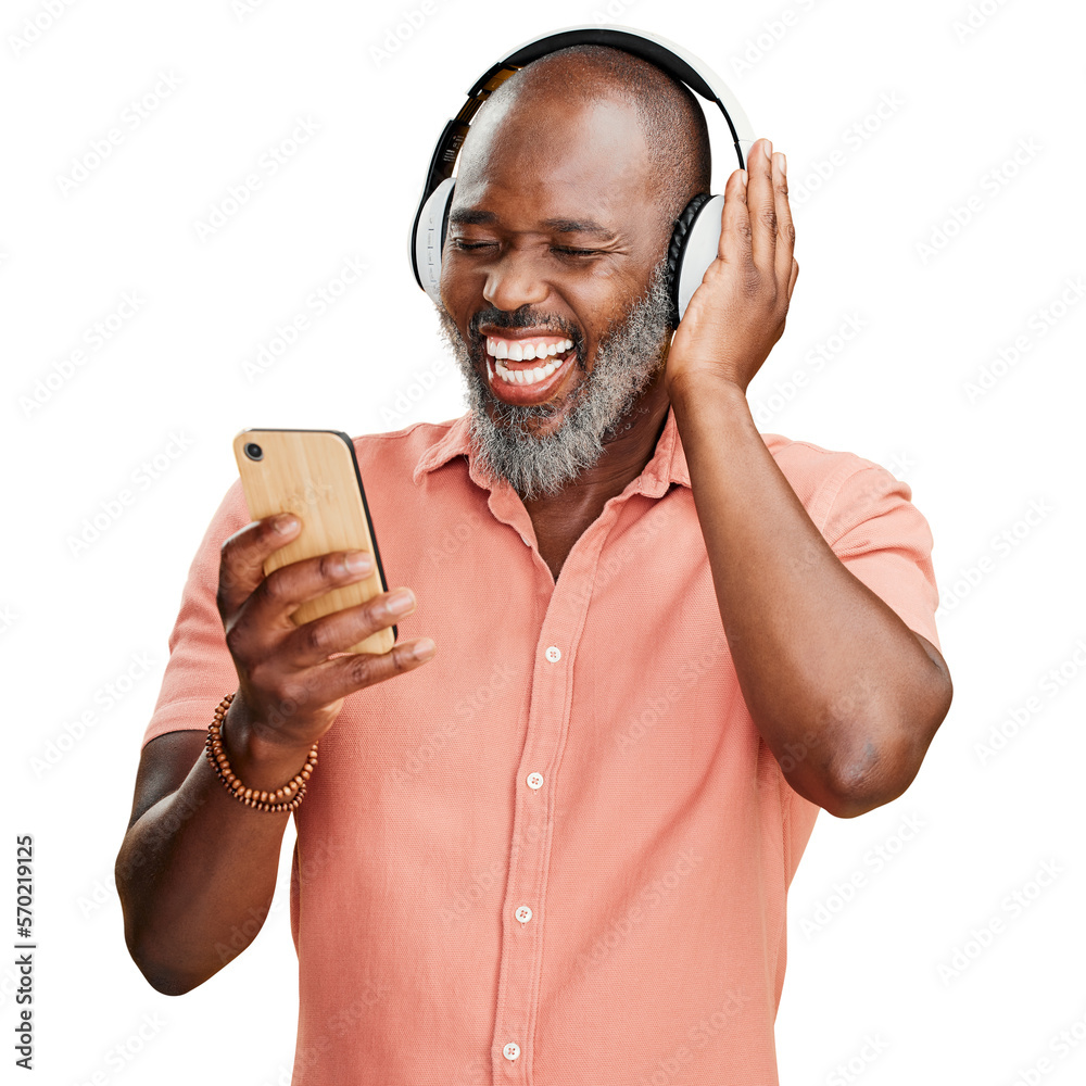 A joyful african american man with a grey beard enjoying streaming music using wireless headphones t