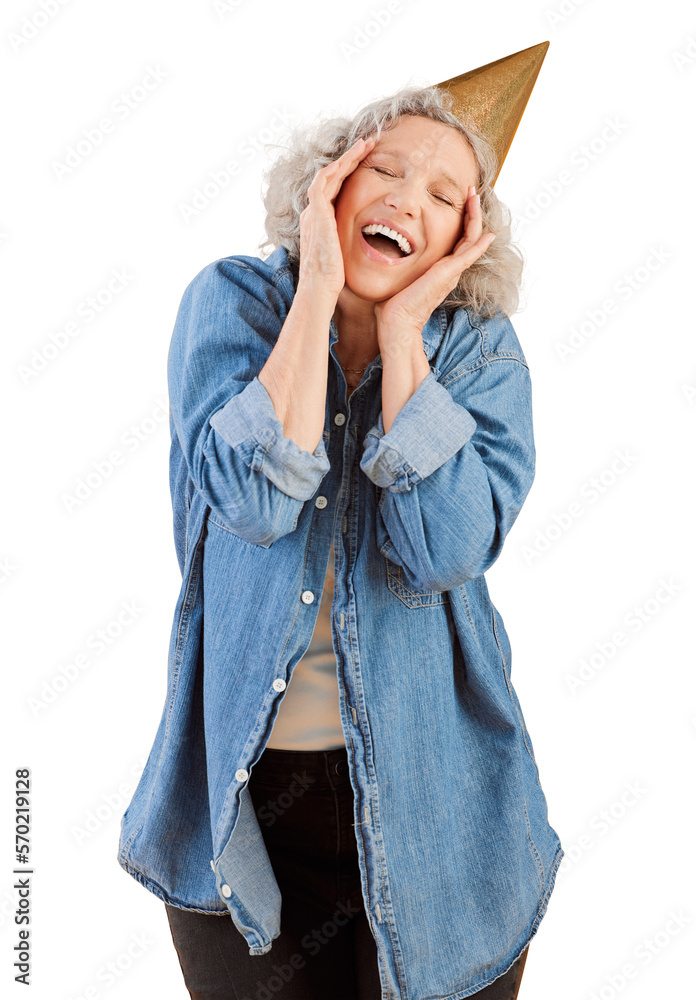 A happy mature caucasian woman wearing a birthday hat while posing in the studio. Smiling white lady