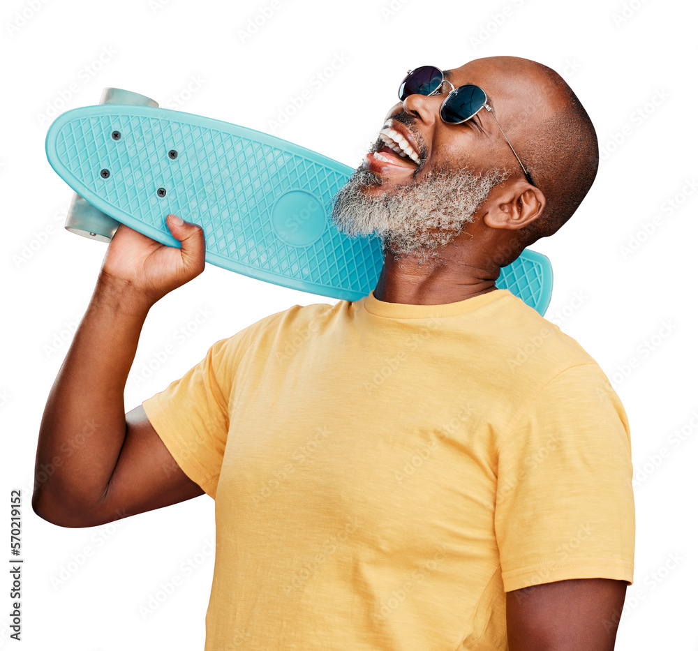 A mature african american man standing with a mini skateboard. Handsome and carefree man wearing sun