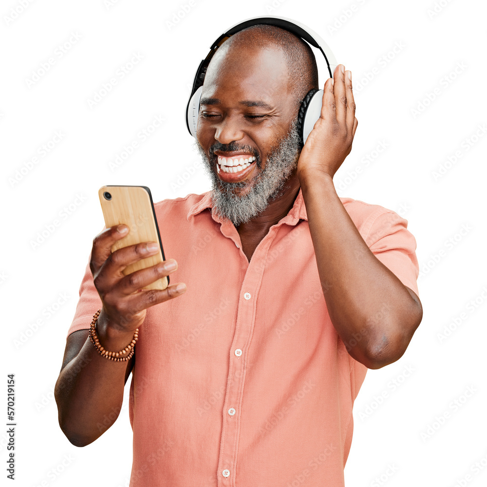 An African American man listening to music using wireless headphones. A happy man with a grey beard 