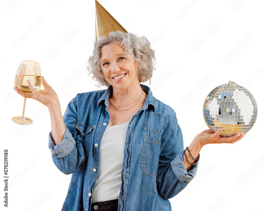 One happy mature caucasian woman holding a disco ball and drinking a glass of white wine while weari