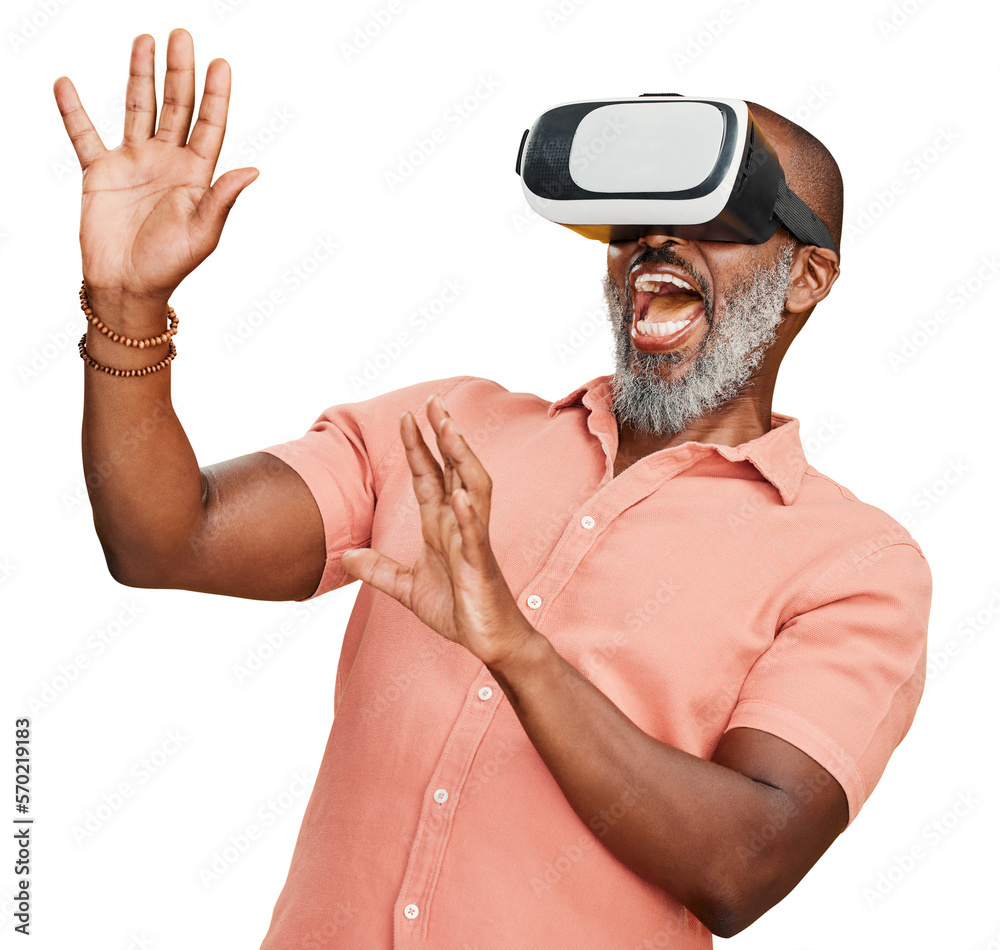 A mature african american man using a virtual reality headset. Handsome man with a grey beard using 