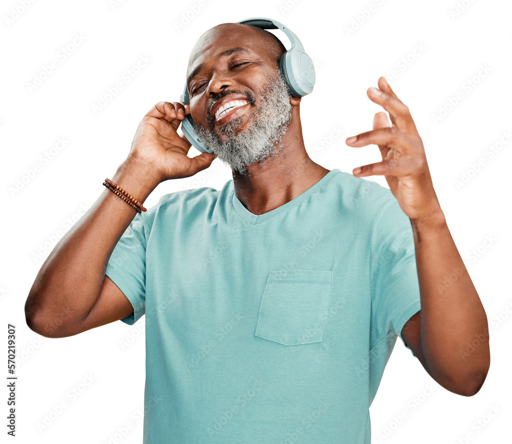 A joyous mature African American man wearing headphones and deeply involved in to the music. Smiling