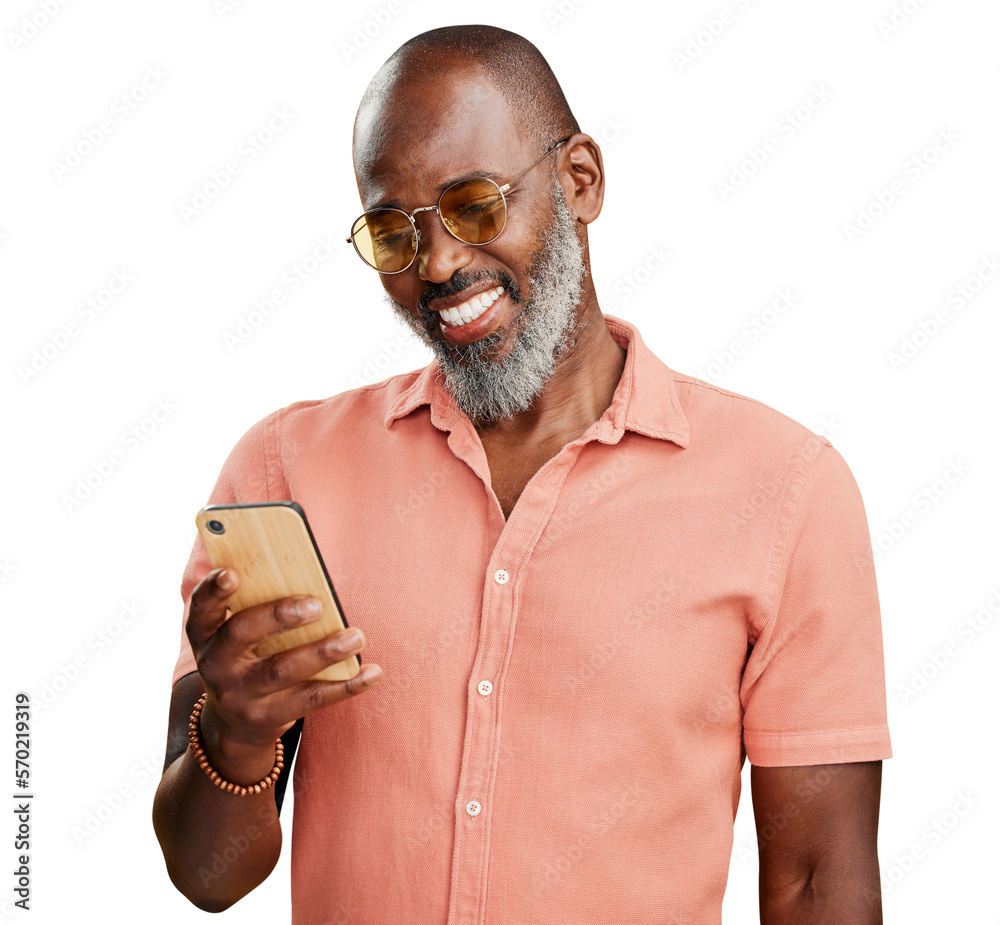 A mature handsome dark man with a beard and wearing glasses reading and sending text message on his 