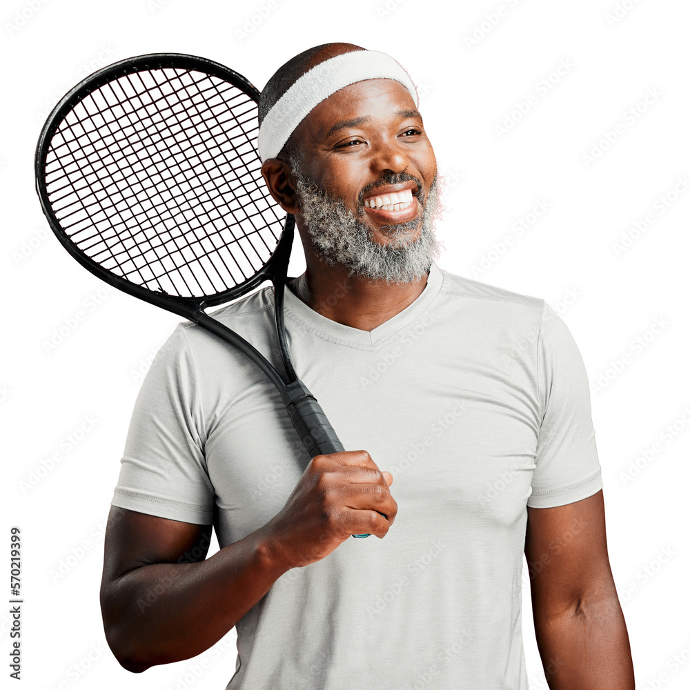 One happy mature african american man standing and posing with a tennis racquet. Smiling black man f