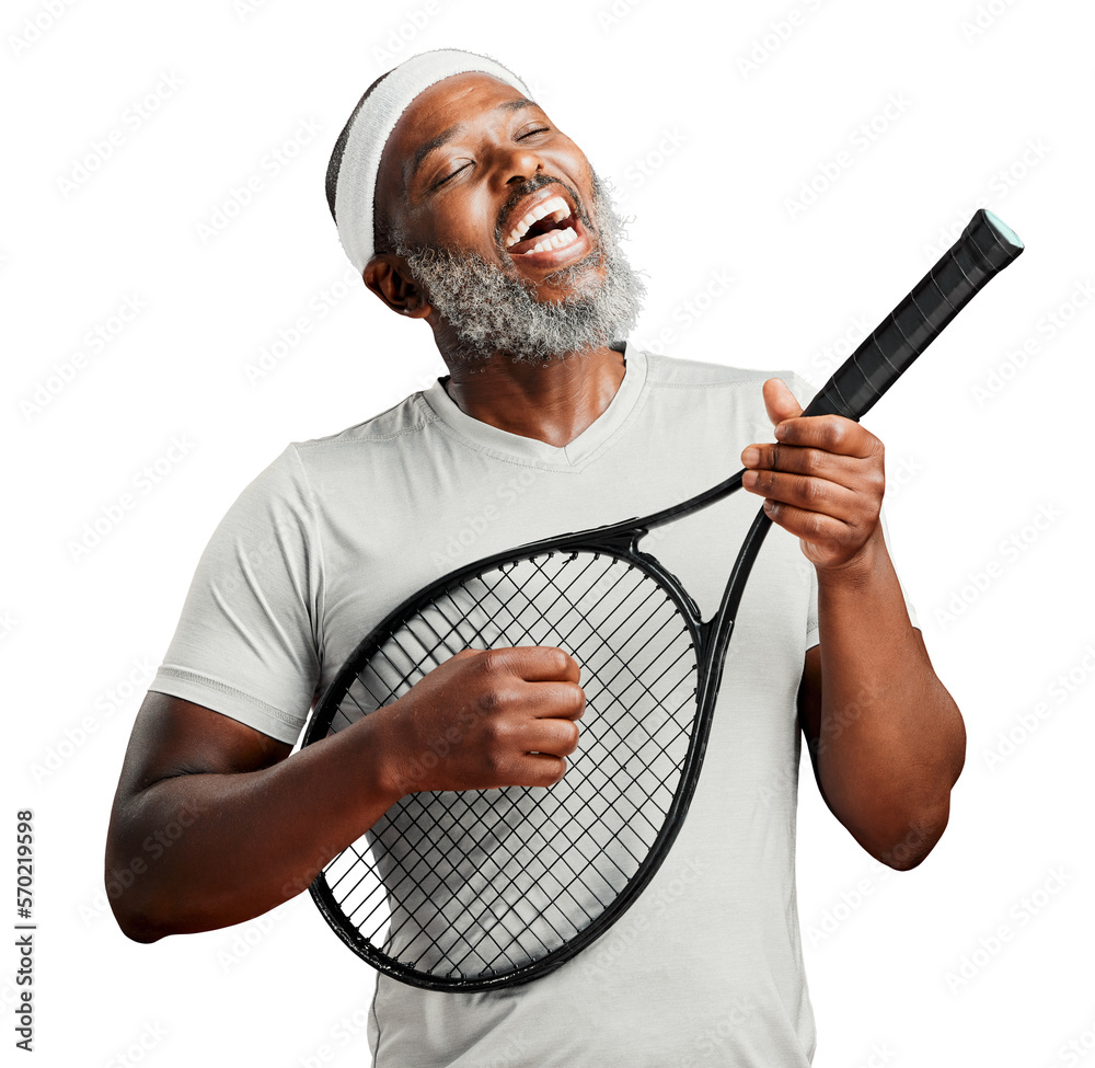 A mature african american male with a grey beard using a tennis racket as a guitar and singing. You