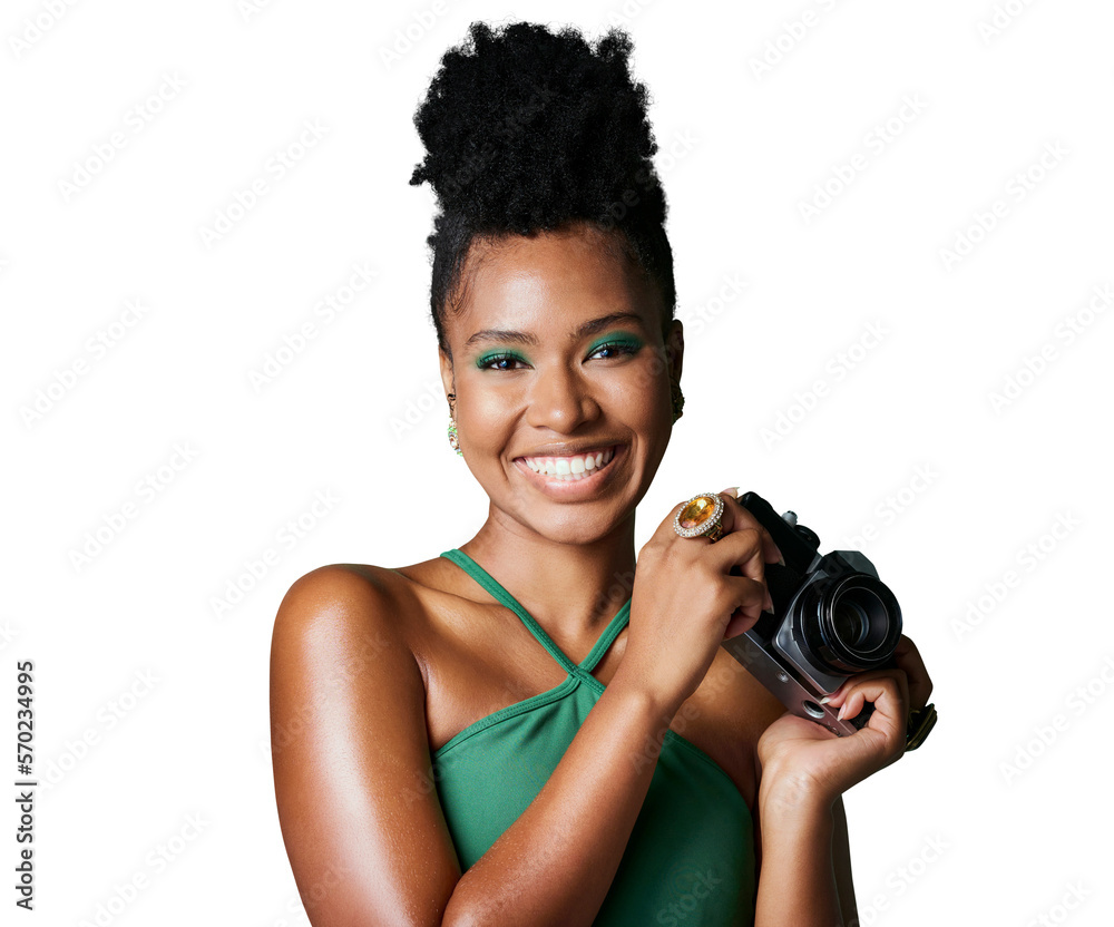 A modern happy black woman standing with a camera. An African creative female photographer from sout