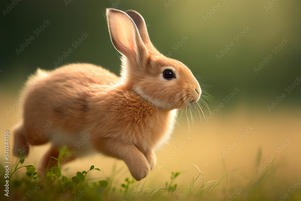 Cute Bunny rabbit running through a dreamy field at Easter during the spring season, Generative AI s