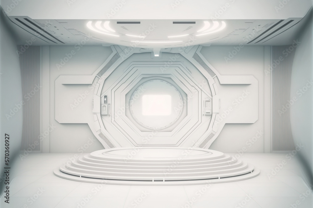 Futuristic stage in a spaceship showroom floor with copy space for product display mock up . White c