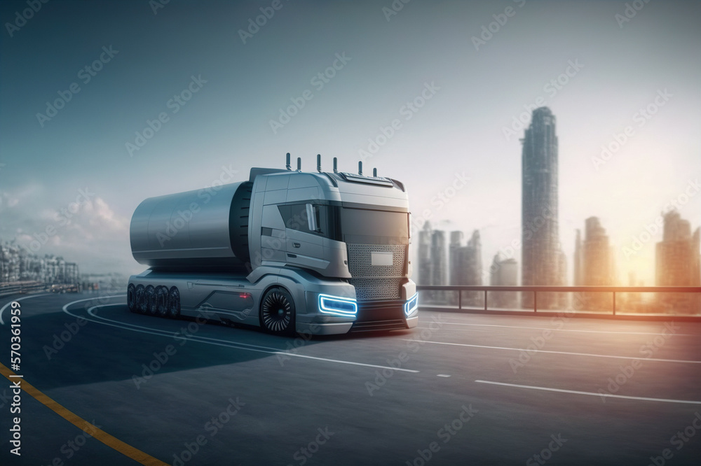 Self driving futuristic freight truck deliver goods to warehouse on city highway road with advanced 