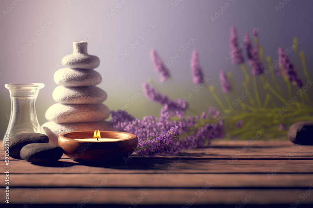 AI Generative image, spa lavender composition set in spa hotel , beauty wellness center . Spa produc