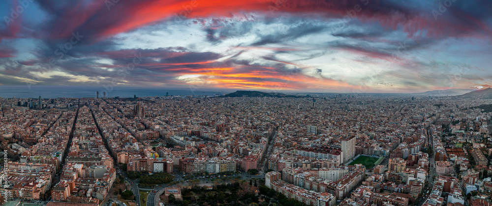 Barcelona street aerial view with beautiful patterns in Spain. Barcelona skyline aerial view with bu