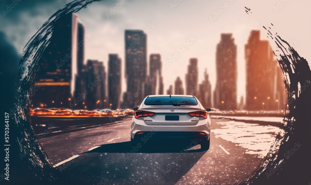 Back view of generic sedan car driving on road in city center . Sublime Generative AI image .