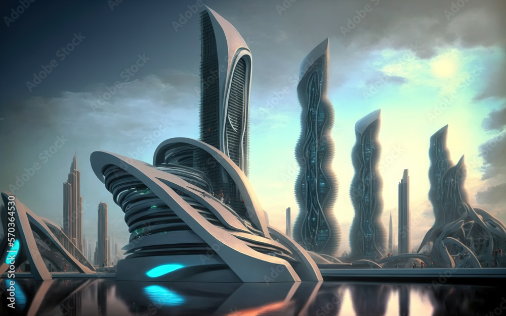 Skyline of futuristic city with fictional architecture in panoramic view . Megalopolis landscape wit